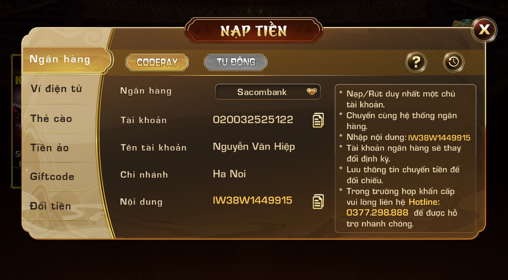 Thao tác nạp tiền nhanh gọn